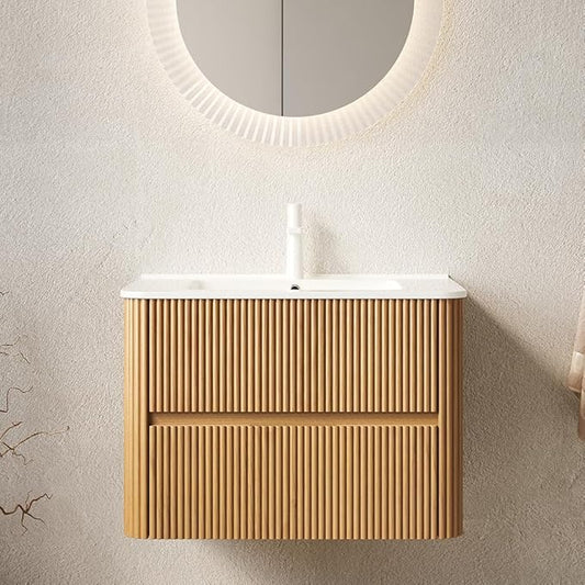 30" Floating Bathroom Vanity with Sink, Wall Mounted Modern Bathroom Cabinet with 2 Soft Close Drawers, Oak & Plywood, Pre-Assembled with Integrated Ceramic Basin – Bruges, Natural Wood