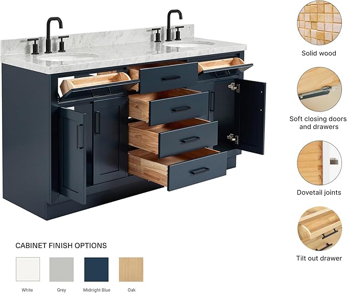 ARIEL Hepburn 66-inch Bathroom Vanity with Sink,Solid Wood, 1.5-inch Italian Carrara Marble Countertop, Double Oval Porcelain Sink, 4 Soft Closing Doors, 6 Dovetail Drawers, Midnight Blue