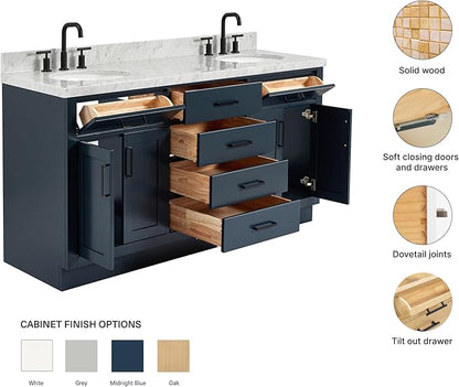 ARIEL Hepburn 66-inch Bathroom Vanity with Sink,Solid Wood, 1.5-inch Italian Carrara Marble Countertop, Double Oval Porcelain Sink, 4 Soft Closing Doors, 6 Dovetail Drawers, Midnight Blue