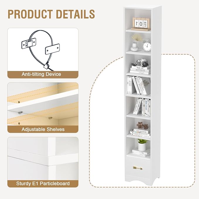 VECELO Tall Narrow Bookshelf with Drawer, 6 Adjustable Movable Shelves, Wood Space Saving Corner Storage Cabinet for Bathroom Bedroom, Pearl White