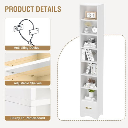 VECELO Tall Narrow Bookshelf with Drawer, 6 Adjustable Movable Shelves, Wood Space Saving Corner Storage Cabinet for Bathroom Bedroom, Pearl White