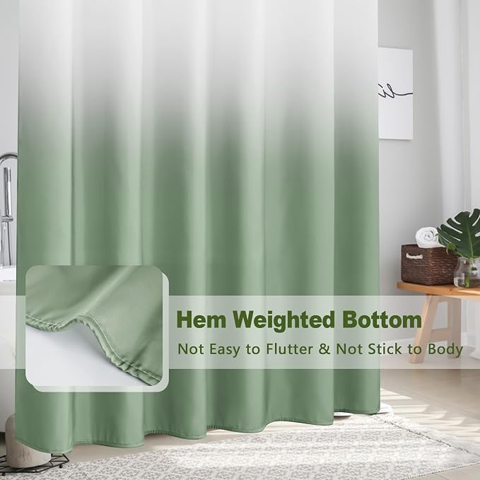 AooHome Fabric Shower Curtains, Cloth Ombre Green Shower Curtain Sets, Washable Fabric Green and White Shower Curtain, Rustic Farmhouse Bathroom Shower Curtains, 72x72 Inches