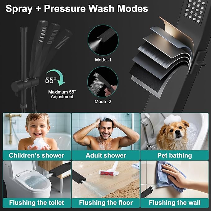 All Metal 12 Inch Rain Shower Head with Handheld Spray Combo, High Pressure Waterfall Rainfall Square Shower Heads with 16" Adjustable Extension Arm, Dual Showerhead with 3-Way Diverter, Matte Black