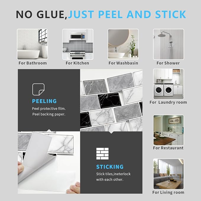 URCOLOR 10-Sheet Peel and Stick Backsplash Tile Sticker for Kitchen,12"x12" Self Adhesive Subway Wall Tiles Stick on Back Splashes for Bathroom White Gray Black White Marble Design