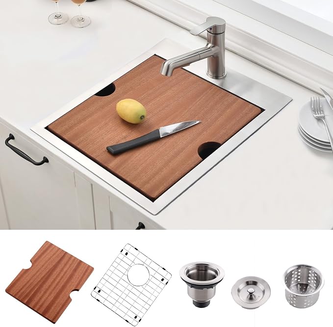 VAPSINT 21x20 Inch Drop In Kitchen Sink Workstation, 21 Inch Topmount Kitchen & Bar Sink 16 Gauge Stainless Steel Handmade Single Bowl Small Kitchen Sinks for RV Wet Prep with Accessories