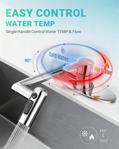 Single Handle Bathroom Faucet, 1080° Swivel Rotatable Faucet with 6'' Deck Plate, Short Bath Sink Faucets for Kitchen Rv Bath Lavatory Sink 1 or 3 Hole, Chrome