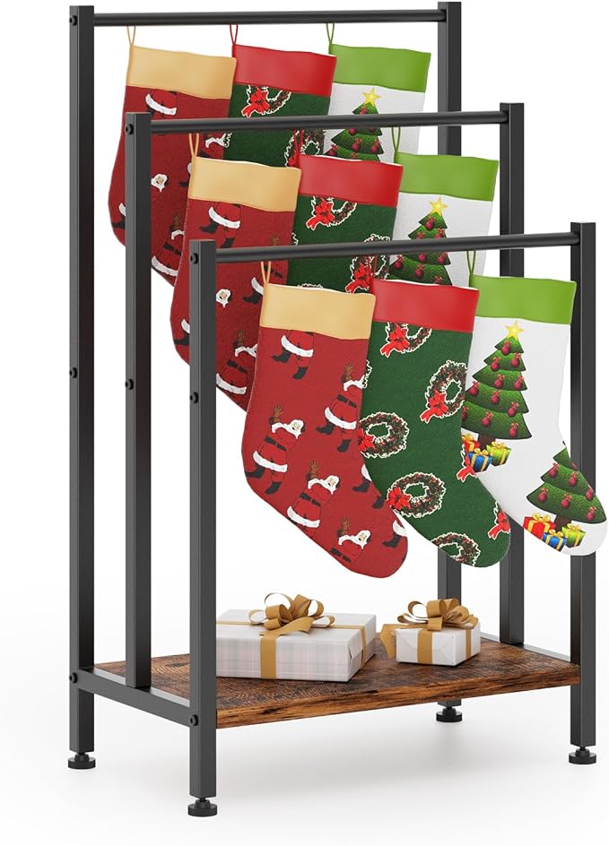 Towel Rack Freestanding, Blanket Rack Stand with Wooden Storage | Standing Towel Rack, 3 Tier Blanket Holder for Bathroom, Towel Drying Holder Stand with Shelf, Rustic Brown and Black