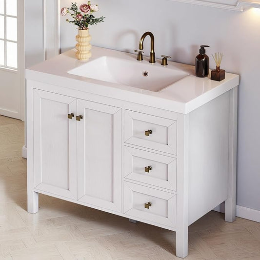 DWVO 42 Inch Bathroom Vanity with Sink, Modern Bathroom Storage Cabinet with Resin Basin, Three Holes, 2 Doors & 3 Drawers