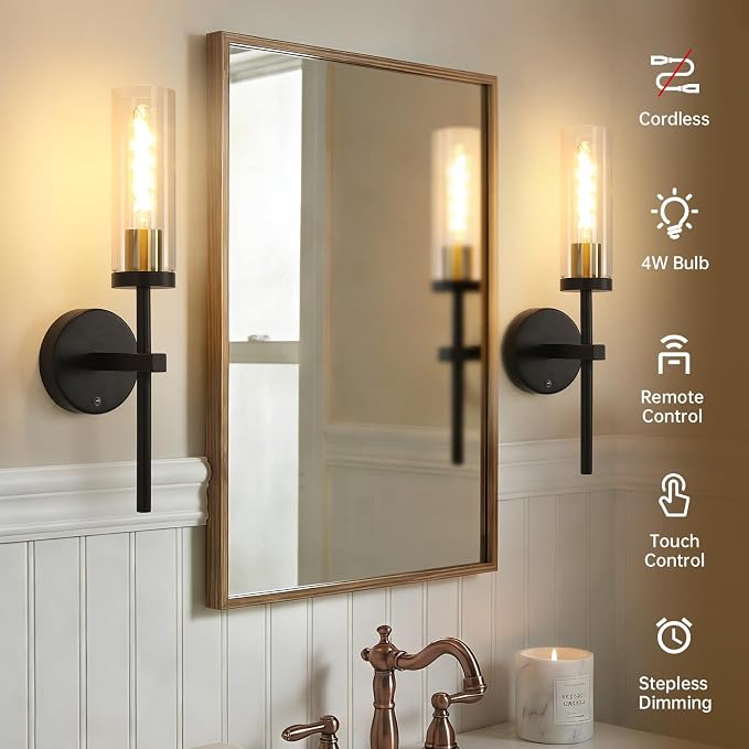 Shenmoyl Set of 2 Wall Sconces, 5200 mAh Battery Operated Wall Sconce with 3 Colors & Remote Control, Black Gold Rechargeable Wall Lamp with Clear Glass Shade for Bedroom, Bathroom, Stairwell, Hallway