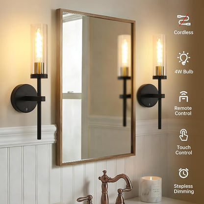 Shenmoyl Set of 2 Wall Sconces, 5200 mAh Battery Operated Wall Sconce with 3 Colors & Remote Control, Black Gold Rechargeable Wall Lamp with Clear Glass Shade for Bedroom, Bathroom, Stairwell, Hallway