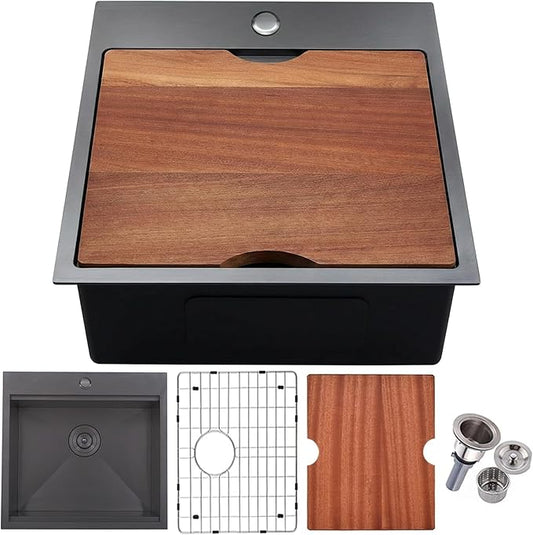 KINGO HOME Black Bar Sink Drop in,20 x 21 Inch Single Bowl Small Kitchen Sinks,304 Stainless Steel Topmount Wet Bar Prep Sink With Grid&Drainer&Cutting Board