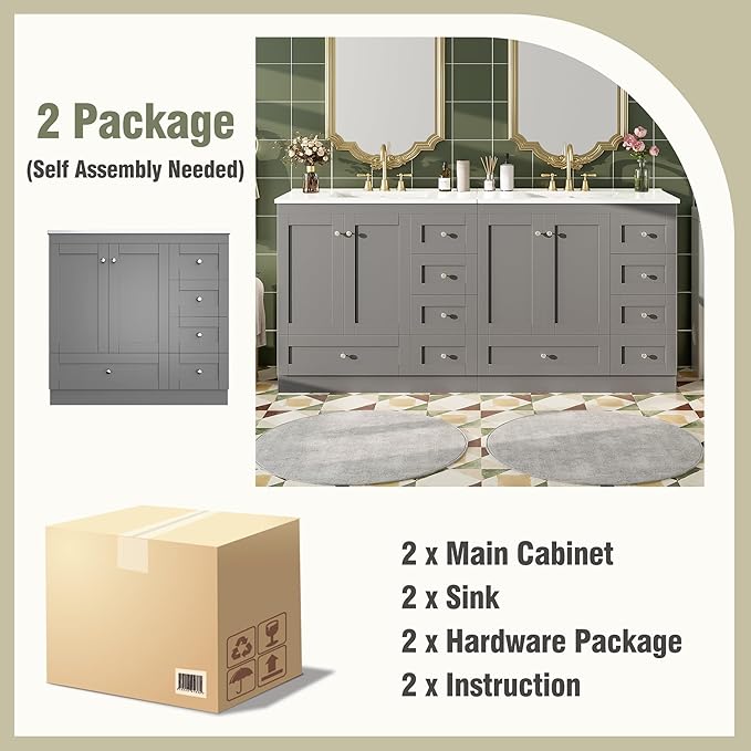 Harper & Bright Designs 72" Bathroom Vanity Set with Double Sink, Vanity Cabinet with 4 Cabinet Doors and 8 Drawers, Solid Wood Bathroom Cabinet with Ceramic Basin for Bathroom, Grey