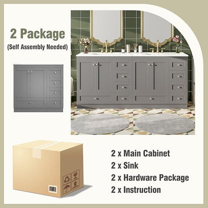 Harper & Bright Designs 72" Bathroom Vanity Set with Double Sink, Vanity Cabinet with 4 Cabinet Doors and 8 Drawers, Solid Wood Bathroom Cabinet with Ceramic Basin for Bathroom, Grey