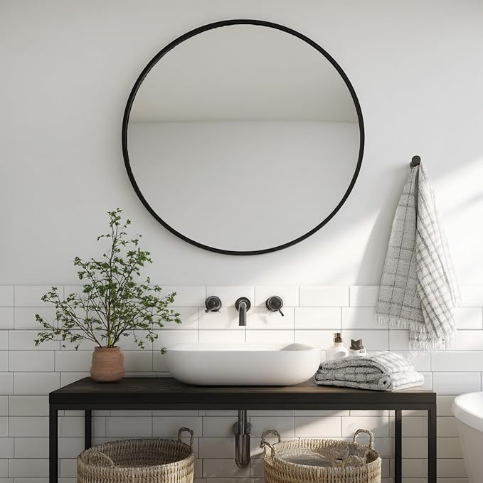 Large Round Mirror 38 inch, Black Circle Mirror, Matte Metal Frame | Matte Black Metal Frame, High Definition, Waterproof, Easy Installation, Suitable for Dressing Room, Cloakroom, Bedroom,