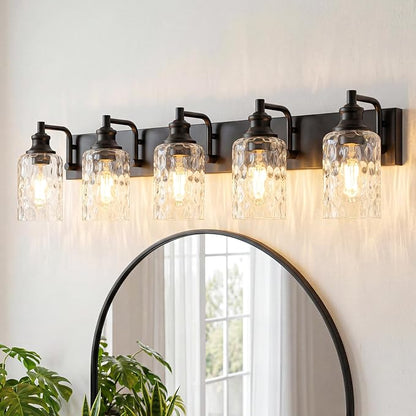 Bathroom Light Fixtures Over Mirror, 5 Lights Vanity Lights with Hammered Glass Shade, 37" Matte Black Farmhouse Bathroom Light Fixtures for Bedroom, Porch, Hotel, Mirror Cabinet