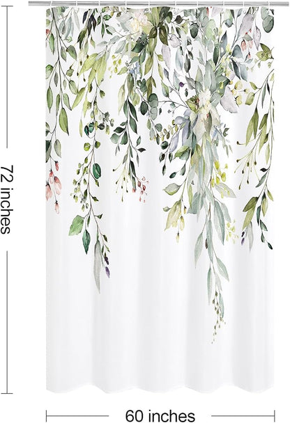 Sage Green Eucalyptus Shower Curtain, Floral Print, 60x72 | Watercolor Plant Leaves Floral Print, Stall Waterproof Fabric Bathroom Decor, Machine Washable, Rustproof Grommets