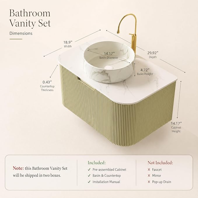 30 Inch Bathroom Vanity with Sink, Floating Wall Mounted Single Sink Vanity, Sage Green Curved Fluted Front, Stone Top, Marble-Look Round Vessel Basin, Pre-Assembled