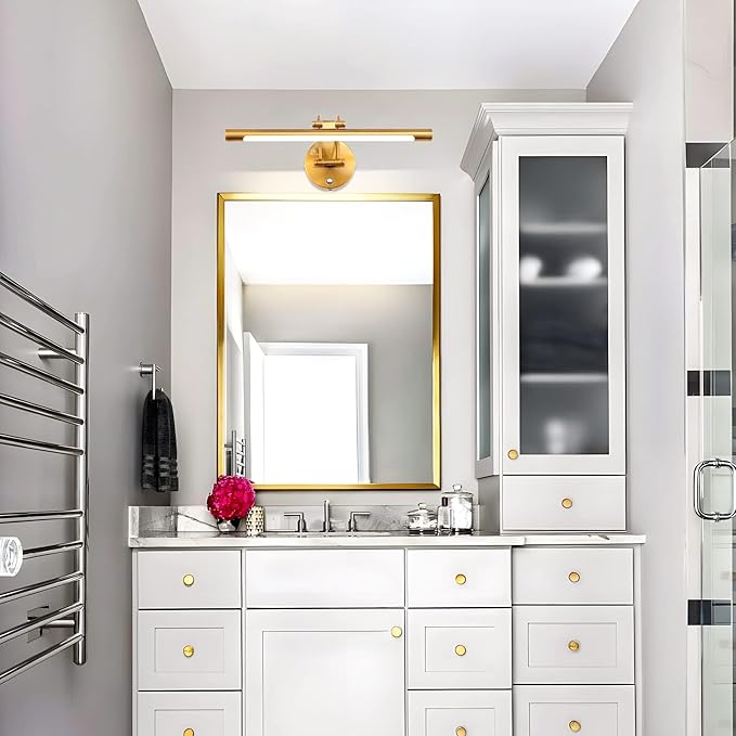 MantoLite LED Bathroom Vanity Light Fixture Dimmable 8W 16inch Gold Pulg in Display Lamps Picture Wall Lights, Indoor Lightings Wall Sconce Ajustable Bedside Reading Lamp, Brass 3000K/4500K/6000K