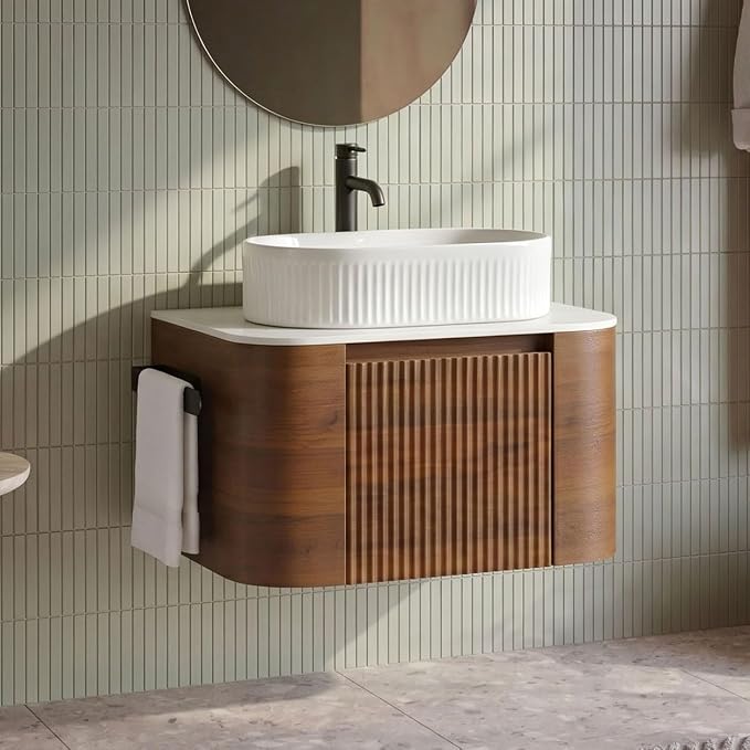 24" Preassembled Floating Bathroom Vanity with White Sink, Walnut | Mid-Century Modern Style, Fluted & Soft-Close Drawer with U-shaped Wall, Sinterted Stone Countertop, Towel Rack Included