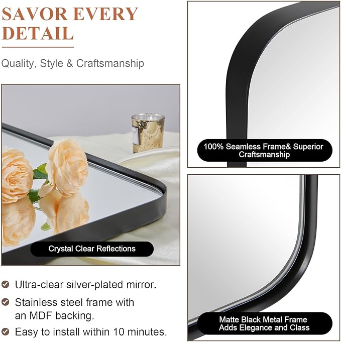 Wall Mirror for Bathroom, 30x36 Matte Black Bathroom Mirror, Modern Stainless Steel Metal Frame Rounded Corner Rectangle Mirror for Vanity