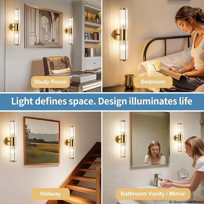 Modern Brushed Brass Vanity Light Fixture 1 Pack, Dual Glass Rods Wall Sconce for Bathroom, Double Light Socket E12 Candelabra Base, Mirror Vanity Lighting (Bulbs Not Included)
