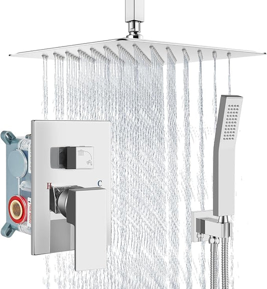 Aolemi Ceiling Mount Shower System Rain Shower Head with Handheld Spray High Pressure Shower Faucet Set Rough-in Valve Shower Trim Kit Included Bathroom Polish Chrome 12 Inch Ceiling Shower Head