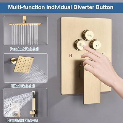 Dual Rainfall Shower Head System Brushed Gold, 3-Function Push Button Shower Faucet Set with 12" Wall Mount Rain shower head and 6" Wall Mount Shower Head, Pressure Balance Rough-in Valve
