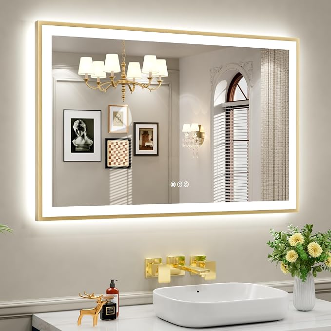 55x36 Inch LED Bthroom Mirror with Gold Frame | Gold Metal Frame, Front and Backlit, 3 Colors, Dimmable, Memory, Anti Fog, Tempered Glass, Lighted Mirror for Wall