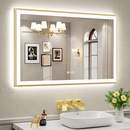 55x36 Inch LED Bthroom Mirror with Gold Frame | Gold Metal Frame, Front and Backlit, 3 Colors, Dimmable, Memory, Anti Fog, Tempered Glass, Lighted Mirror for Wall