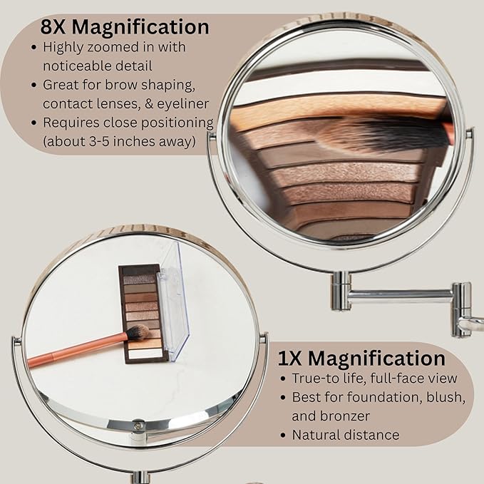 JERDON Wall-Mounted Magnifying Mirror - Bathroom Makeup Mirror with 8X Magnification - 8-Inch Diameter - Chrome Finish - Model JP7808C