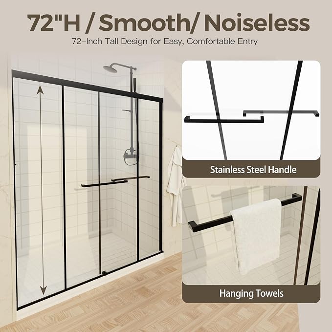56-60" W x 72" H Semi-Frameless Double Sliding Shower Door | 1/4" SGCC Clear Tempered Glass with Explosion-Proof Film, Matte Black Bypass Walk-In Shower Door, Reversible