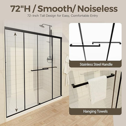 56-60" W x 72" H Semi-Frameless Double Sliding Shower Door | 1/4" SGCC Clear Tempered Glass with Explosion-Proof Film, Matte Black Bypass Walk-In Shower Door, Reversible