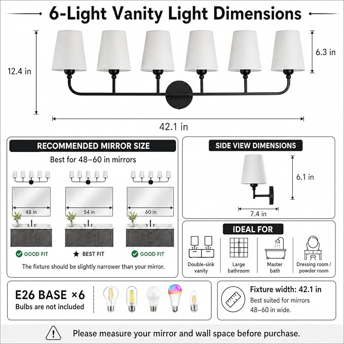 Bathroom Vanity Light, Matte Black Bathroom Lighting Fixtures Over Mirror | 6-Light Bathroom Light Fixtures with Flared White Fabric Shade, E26 Socket (ETL Listed)