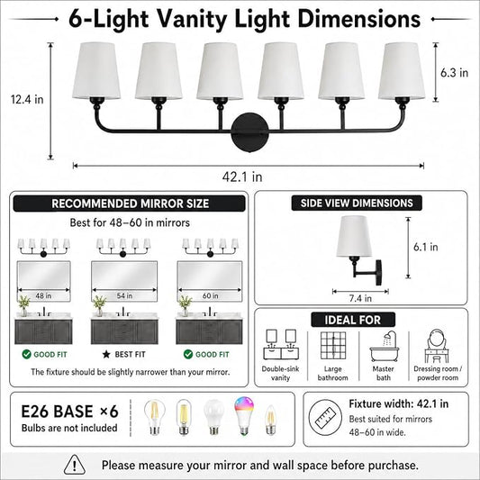 Bathroom Vanity Light, Matte Black Bathroom Lighting Fixtures Over Mirror | 6-Light Bathroom Light Fixtures with Flared White Fabric Shade, E26 Socket (ETL Listed)