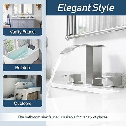Waterfall Bathroom Faucet, 3 Hole Widespread, Brushed Nickel, 8 Inch, 2-Handles, Pop-Up Drain, Modern, Bathroom Sink, Bathtub, Vanity, RV, Farmhouse Sink