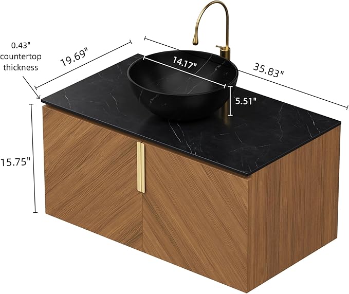 30" Floating Bathroom Vanity with Sink Combo, Modern Vanity with Vessel Sink, Wall-Mounted Plywood Bathroom Vanity Cabinet with Doors, Black Countertop and Round Basin,Brown Oak