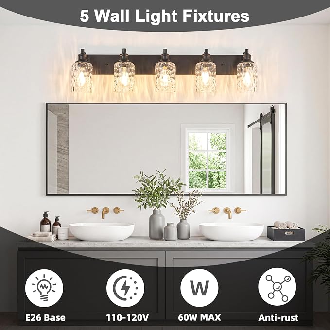 Bathroom Light Fixtures Over Mirror, 5 Lights Vanity Lights with Hammered Glass Shade, 37" Matte Black Farmhouse Bathroom Light Fixtures for Bedroom, Porch, Hotel, Mirror Cabinet