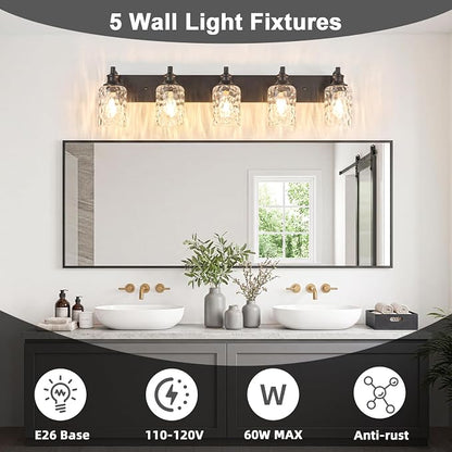 Bathroom Light Fixtures Over Mirror, 5 Lights Vanity Lights with Hammered Glass Shade, 37" Matte Black Farmhouse Bathroom Light Fixtures for Bedroom, Porch, Hotel, Mirror Cabinet