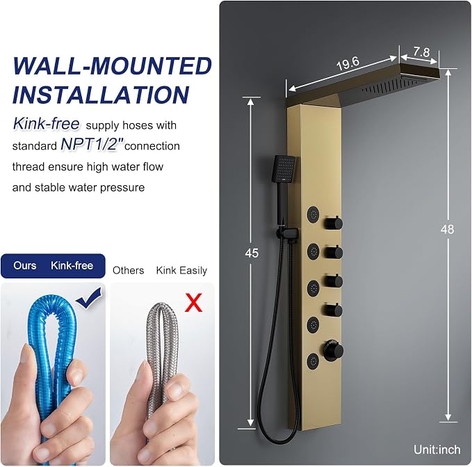 ROVATE 4-in-1 Rainfall Waterfall Shower Panel Tower System, Brushed Gold | Shower Column with Body Massage Jets and Handheld, Stainless Steel High Pressure, Use Multiple Functions Simultaneously