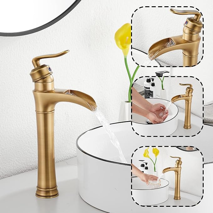 Antique Brass Waterfall Bathroom Faucet GGStudy Single Handle One Hole Farmhouse Bathroom Vessel Sink Faucet Matching with Pop Up Drain