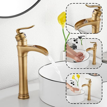 Antique Brass Waterfall Bathroom Faucet GGStudy Single Handle One Hole Farmhouse Bathroom Vessel Sink Faucet Matching with Pop Up Drain