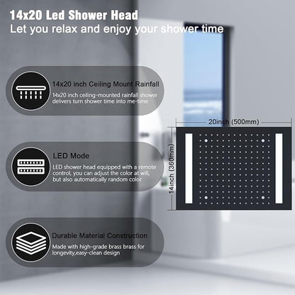 Black Thermostatic Shower System with 14x20 Inch Ceiling Mount LED Head & 6 Inch Wall Head and Handheld Shower 4 Function Vale with body jets, Matte Black