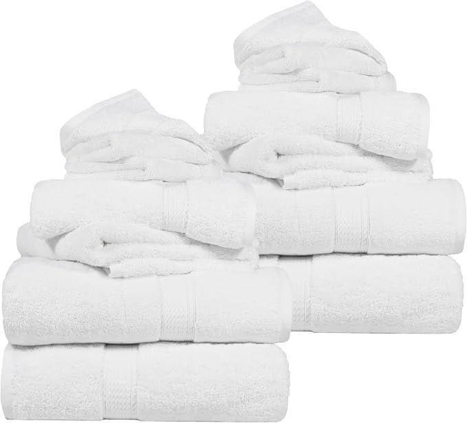 SUPERIOR Egyptian Cotton Ultra Plush & Absorbent, 12 Piece Set, White | Heavyweight 12 Pc Egyptian Cotton Towel Set Includes 4 Bath Towels 4 Hand Towels 4 Washcloths Decorative Rope Border