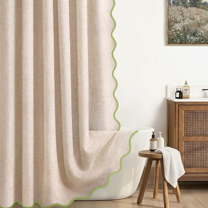 Scalloped Shower Curtain Linen Boho Flax Cream 72" W x 72" L | Linen Fabric, Black Border, Washable, Heavy Duty Cloth, Shower Curtain for Boho Farmhouse Bathroom Bathtub