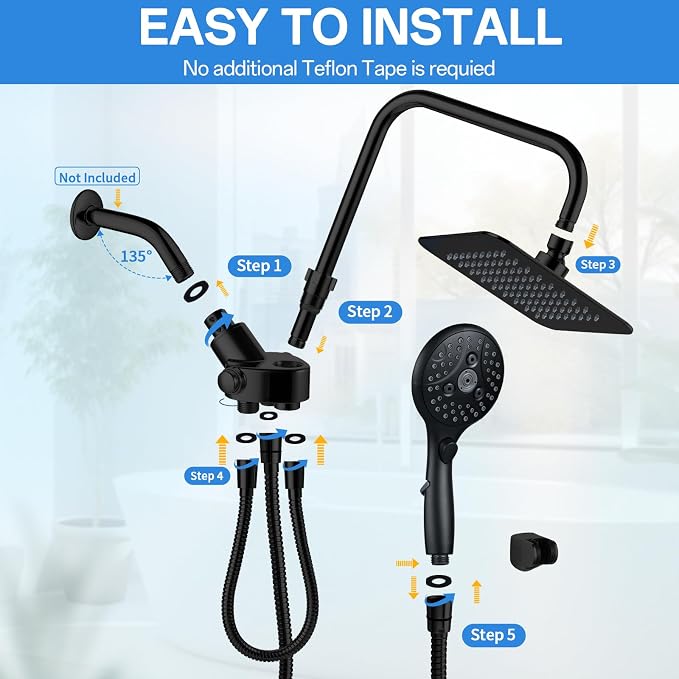 High Pressure Rainfall Shower Head with Handheld Combo: Upgrade Dual Shower Head with 10 Inch Fixed Rain Showerhead and 7 Sprays Handheld Shower Head, Adjustable Height (Up to 13.4"), 71" Hose (MB)
