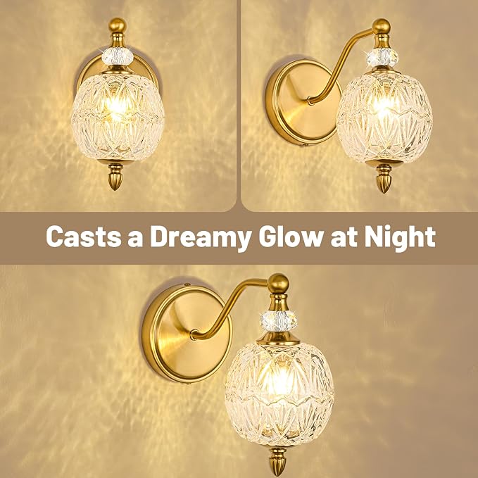 1 Piece Vintage Wall Sconce, 1-Light Mid Century Brushed Gold Finish Wall Sconce with Globe Glass Shade, Retro Light for Bathroom, Bedroom, Living Room,Powder Room