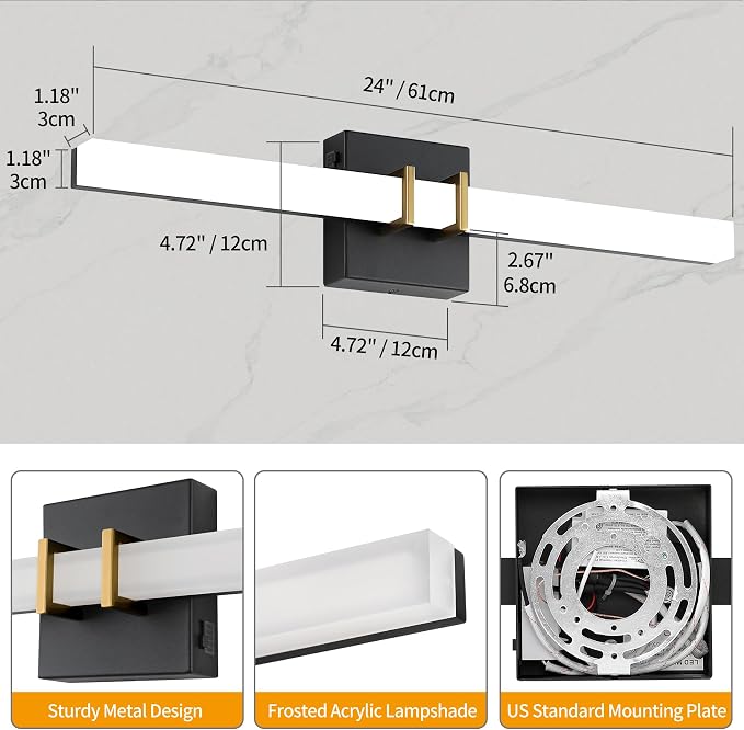 Modern Black and Brass Vanity Light Bar 24 Inch, 16W 5CCT Dimmable Bathroom Light Fixtures LED Wall Lighting Fixture
