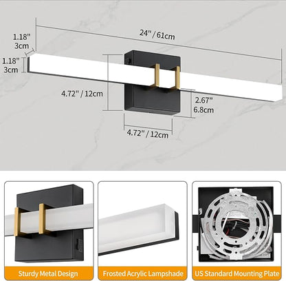 Modern Black and Brass Vanity Light Bar 24 Inch, 16W 5CCT Dimmable Bathroom Light Fixtures LED Wall Lighting Fixture