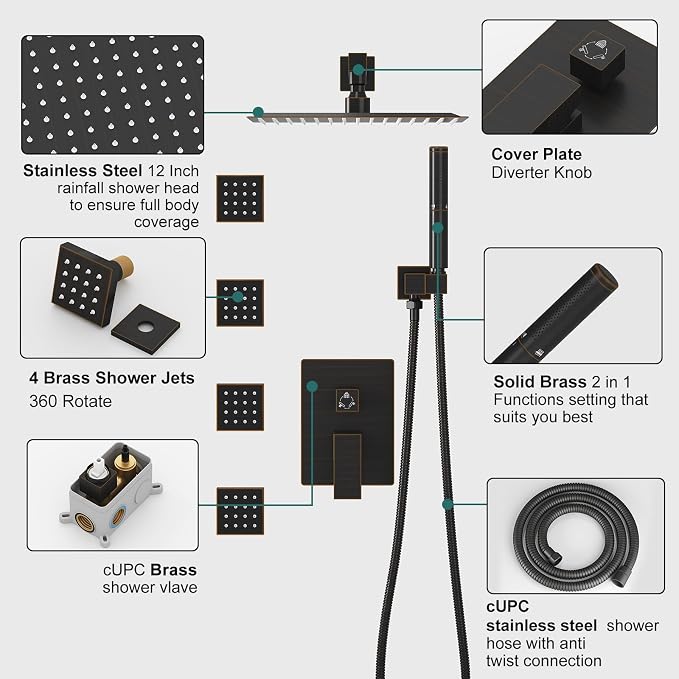 Hoimpro 12 Inch Rainfall Shower Faucet with 4 Full Body Shower Jet Fixtures Combo, Wall Mounted Shower System Set with Rain Mixer Shower Head and 2 in 1 Spray Handheld Showerhead, Oil Rubbed Bronze