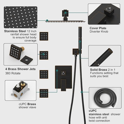 Hoimpro 12 Inch Rainfall Shower Faucet with 4 Full Body Shower Jet Fixtures Combo, Wall Mounted Shower System Set with Rain Mixer Shower Head and 2 in 1 Spray Handheld Showerhead, Oil Rubbed Bronze